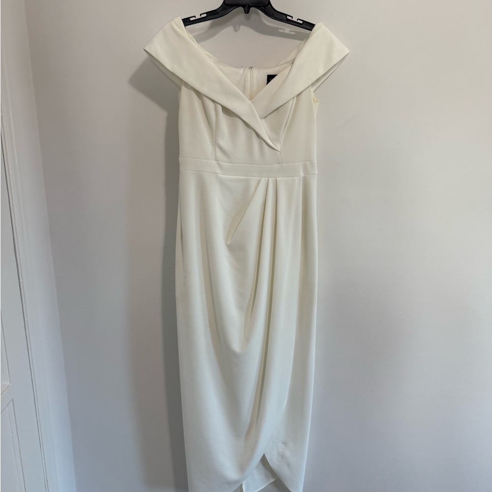 Xscape Asymmetrical Off-Shoulder Cream Dress